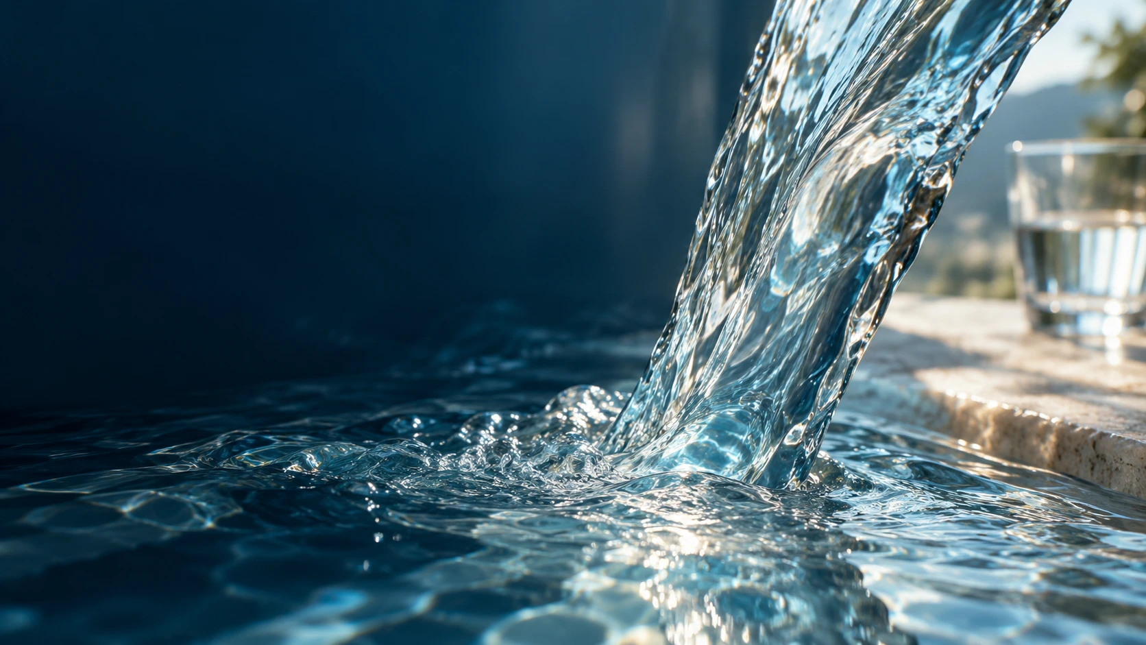 Agua transparente en movimiento con reflejos azules